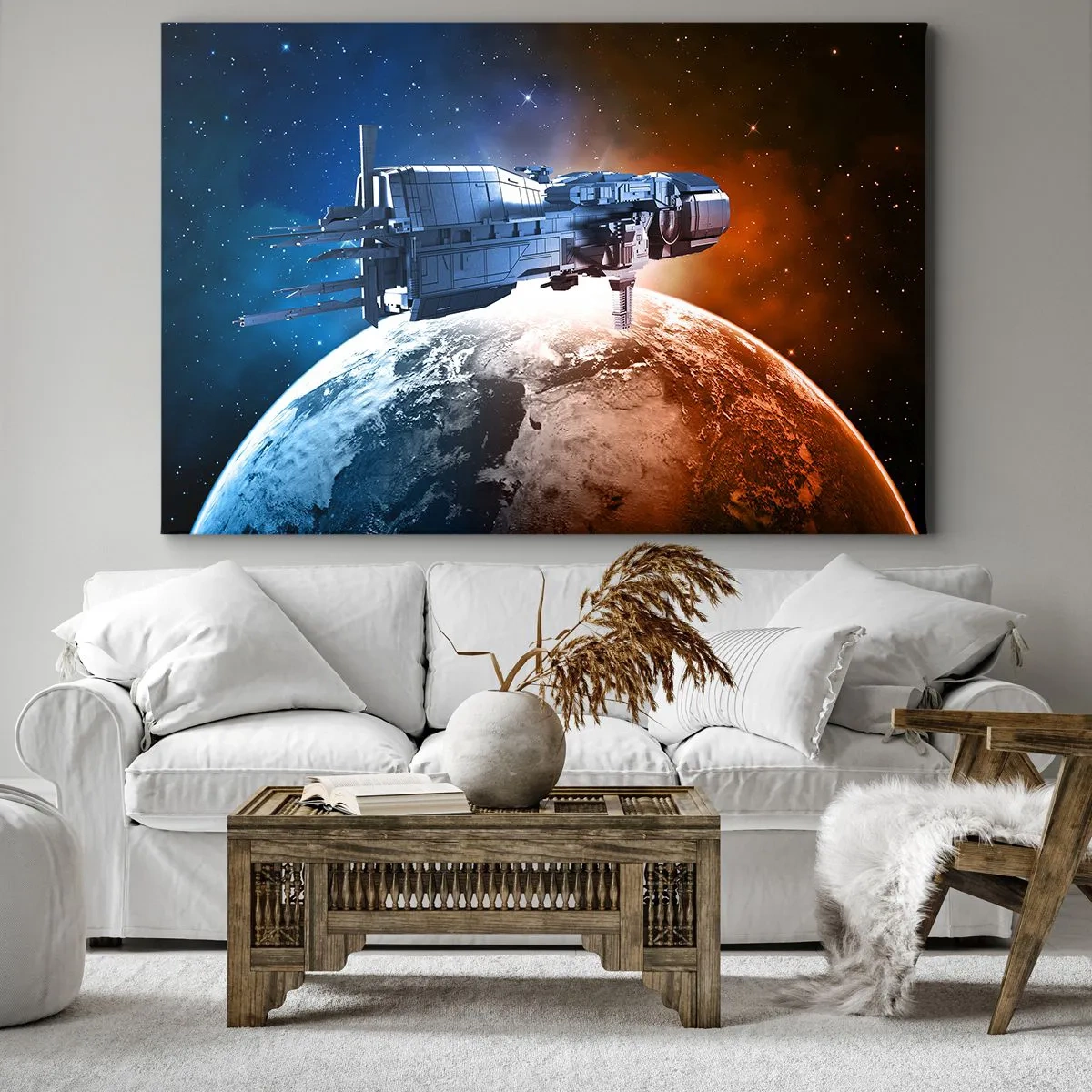 Bild auf Leinwand - Leinwandbild - Ein Raumschiff vor dem Hintergrund eines Planeten im Weltraum - 120x80cm - Ein aufmerksamer Beobachter - Moderne Wanddekoration für Wohnzimmer und Schlafzimmer ARTTOR