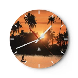 Wanduhr - Glasuhr - Palmen bei Sonnenuntergang über ruhigem Wasser mit der Silhouette eines Fischers - 30x30cm - Zeit zum Entspannen - Moderne Wanddekoration für Wohnzimmer, Küche und Schlafzimmer ARTTOR