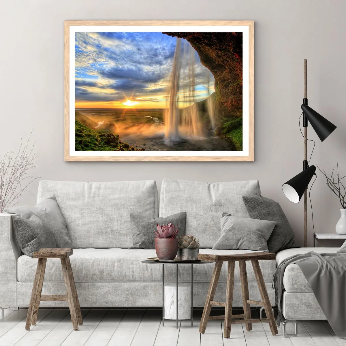 Poster in einem Rahmen aus heller Eiche - Die Welt hinter einem Schleier aus Tropfen - 100x70 cm