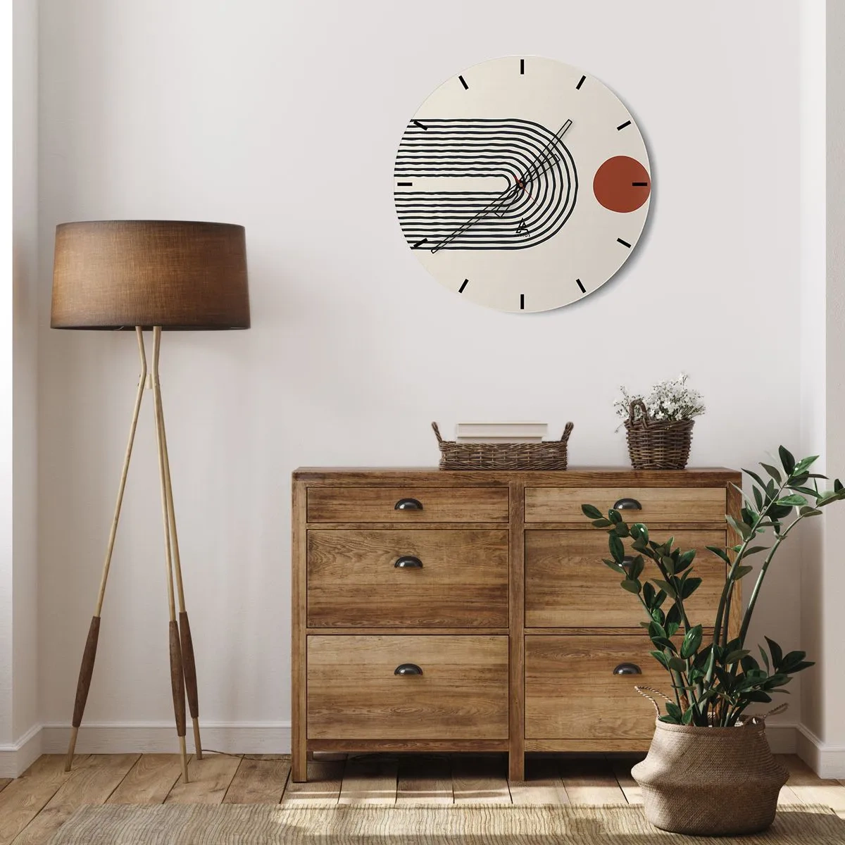 Wanduhr - Glasuhr - Geometrische Abstraktion mit Streifen und Farbblöcken auf hellem Hintergrund - 30x30cm - Magnetismus von Formen und Farben - Moderne Wanddekoration für Wohnzimmer, Küche und Schlafzimmer ARTTOR