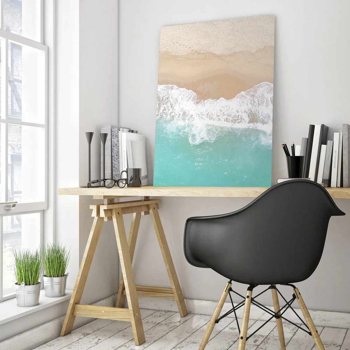 Glasbild - Bild auf glas - Luftaufnahme des Strandes mit türkisfarbenem Wasser und weißen Wellen - 50x70cm - Eine streichelnde Berührung - Moderne Wanddekoration für Wohnzimmer und Schlafzimmer ARTTOR