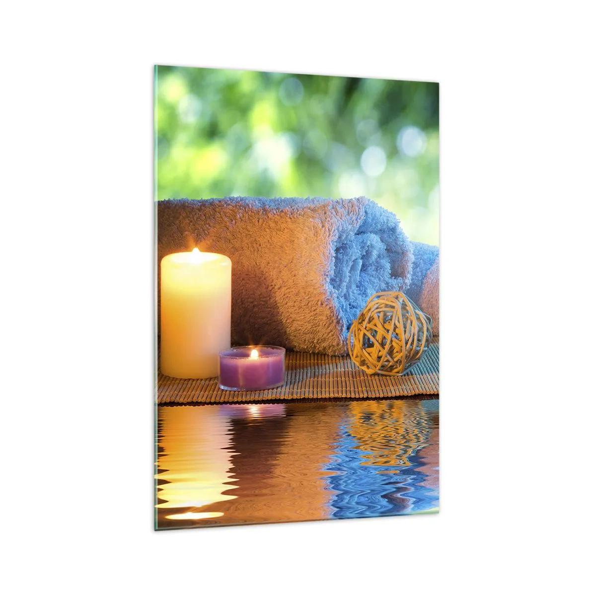 Glasbild - Bild auf glas - Entspannendes SPA-Set mit Handtüchern, Kerzen und Steinen - 70x100cm - Zeit für den Körper - Moderne Wanddekoration für Wohnzimmer und Schlafzimmer ARTTOR