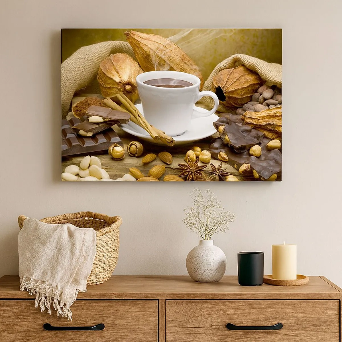 Bild auf Leinwand - Leinwandbild - Eine Tasse heiße Schokolade, umgeben von Kakao und Zimt - 70x50cm - Für Nervenkitzel-Suchende - Moderne Wanddekoration für Wohnzimmer und Schlafzimmer ARTTOR