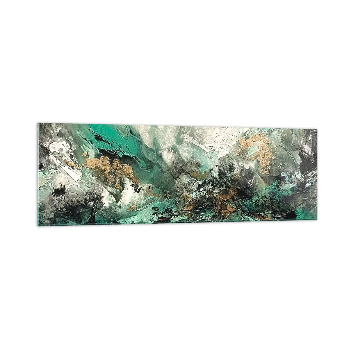 Glasbild - Bild auf glas - Abstrakte Landschaft in Grün- und Goldtönen - 160x50cm - Smaragdgrüne und schwarze Brandung - Moderne Wanddekoration für Wohnzimmer und Schlafzimmer ARTTOR