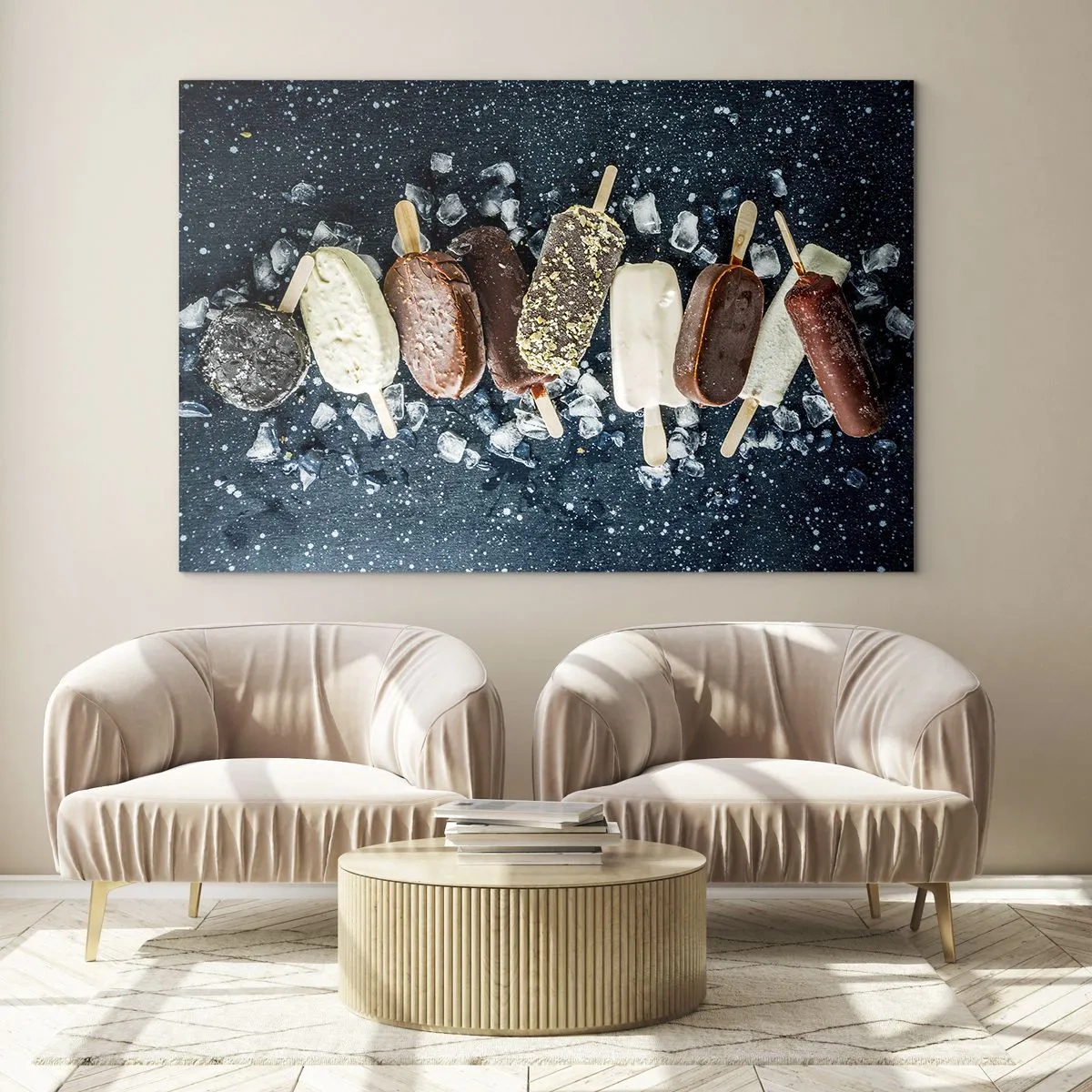 Glasbild - Bild auf glas - Eis am Stiel in verschiedenen Geschmacksrichtungen auf Eiswürfeln angeordnet - 120x80cm - Geschmack des heißen Sommers - Moderne Wanddekoration für Wohnzimmer und Schlafzimmer ARTTOR
