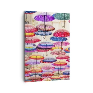 Bild auf Leinwand - Leinwandbild - Bunte Regenschirme schweben in der Luft - 50x70cm - Stadtwiese - Moderne Wanddekoration für Wohnzimmer und Schlafzimmer ARTTOR
