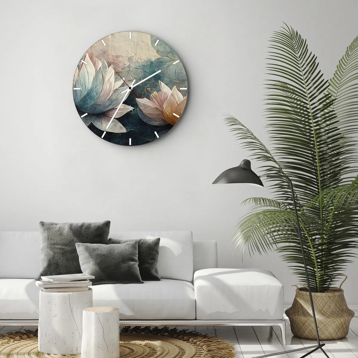 Wanduhr - Glasuhr - Lotusblumen vor dem Hintergrund der grün-blauen Oberfläche des Sees - 30x30cm - Seesterne - Moderne Wanddekoration für Wohnzimmer, Küche und Schlafzimmer ARTTOR