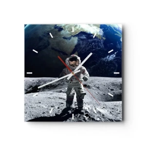 Wanduhr - Glasuhr - Astronaut auf der Mondoberfläche mit der Erde im Hintergrund - 30x30cm - Grüße vom Mond - Moderne Wanddekoration für Wohnzimmer und Schlafzimmer ARTTOR