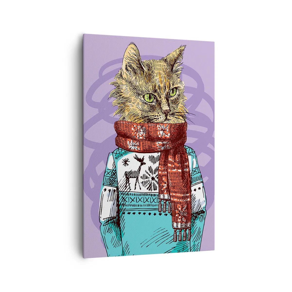 Bild auf Leinwand - Leinwandbild - Eine Katze in Pullover und Schal auf violettem Hintergrund - 80x120cm - Die Katze nicht nur in Schuhen - Moderne Wanddekoration für Wohnzimmer und Schlafzimmer ARTTOR