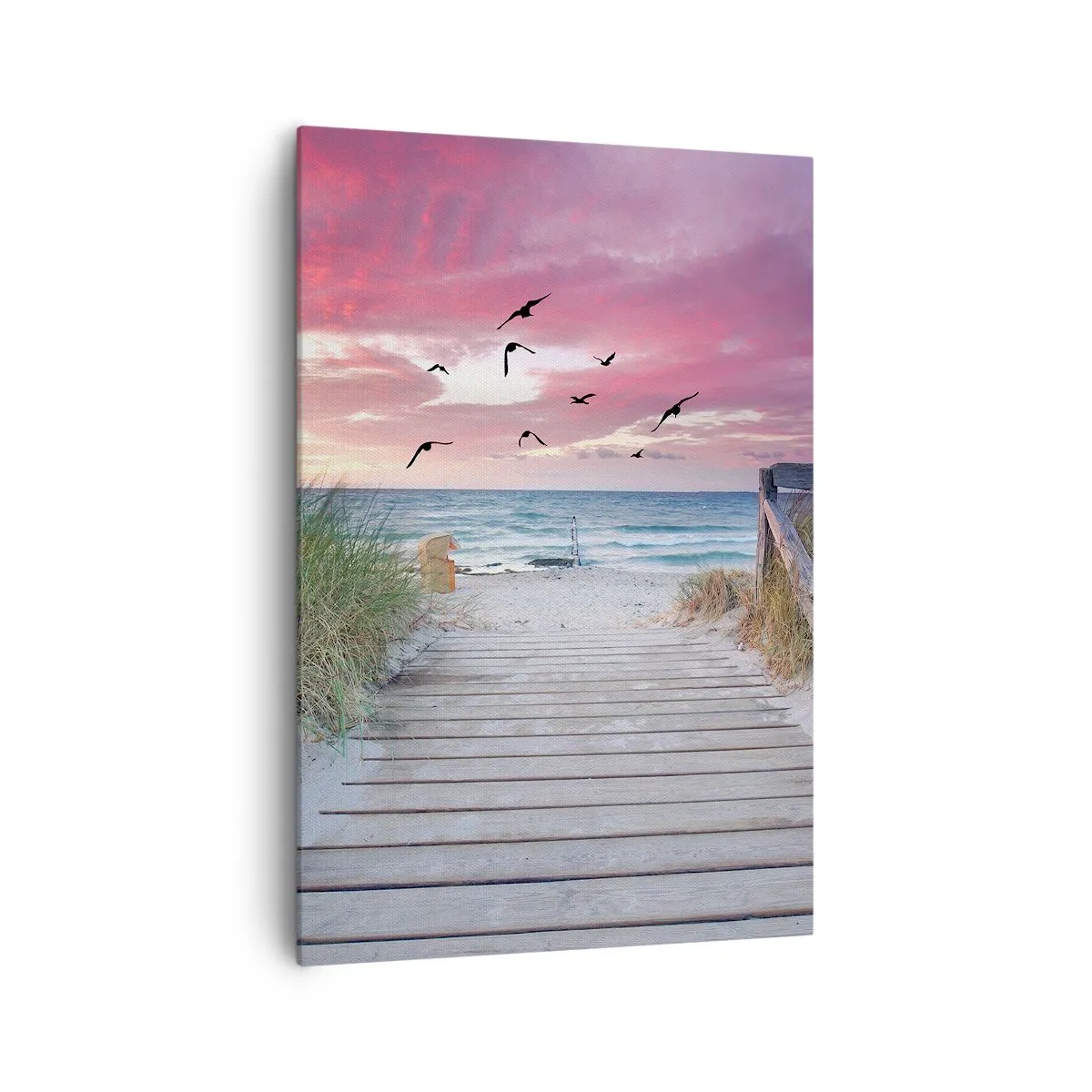 Bild auf Leinwand - Leinwandbild - Holzweg am Strand bei rosa Sonnenuntergang - 70x100cm - Baltischer Eindruck - Moderne Wanddekoration für Wohnzimmer und Schlafzimmer ARTTOR