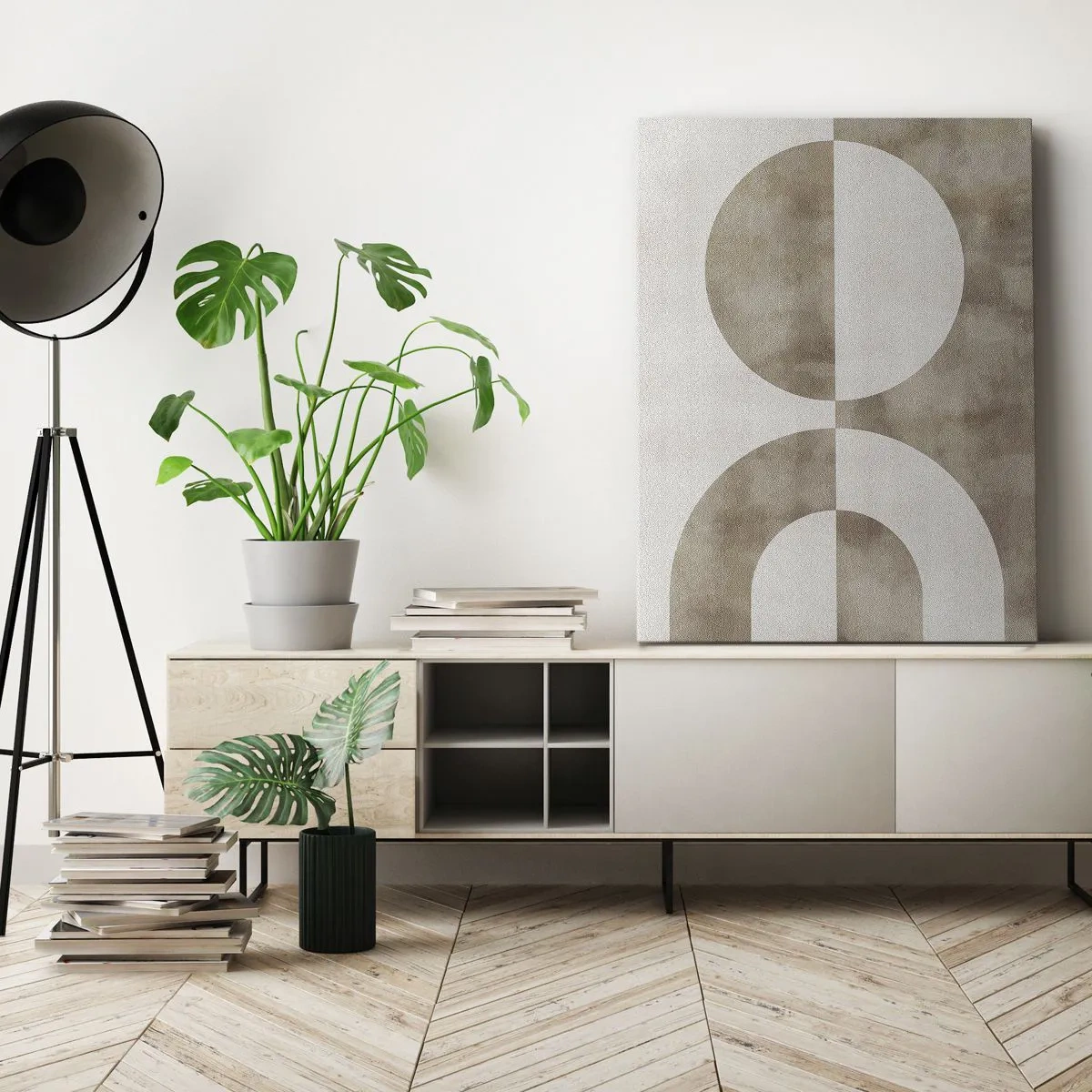 Bild auf Leinwand - Leinwandbild - Ein abstraktes Gemälde in Beigetönen mit geometrischen Formen und Symmetrie. - 50x70cm - Ähnlichkeiten und Unterschiede - Moderne Wanddekoration für Wohnzimmer und Schlafzimmer ARTTOR