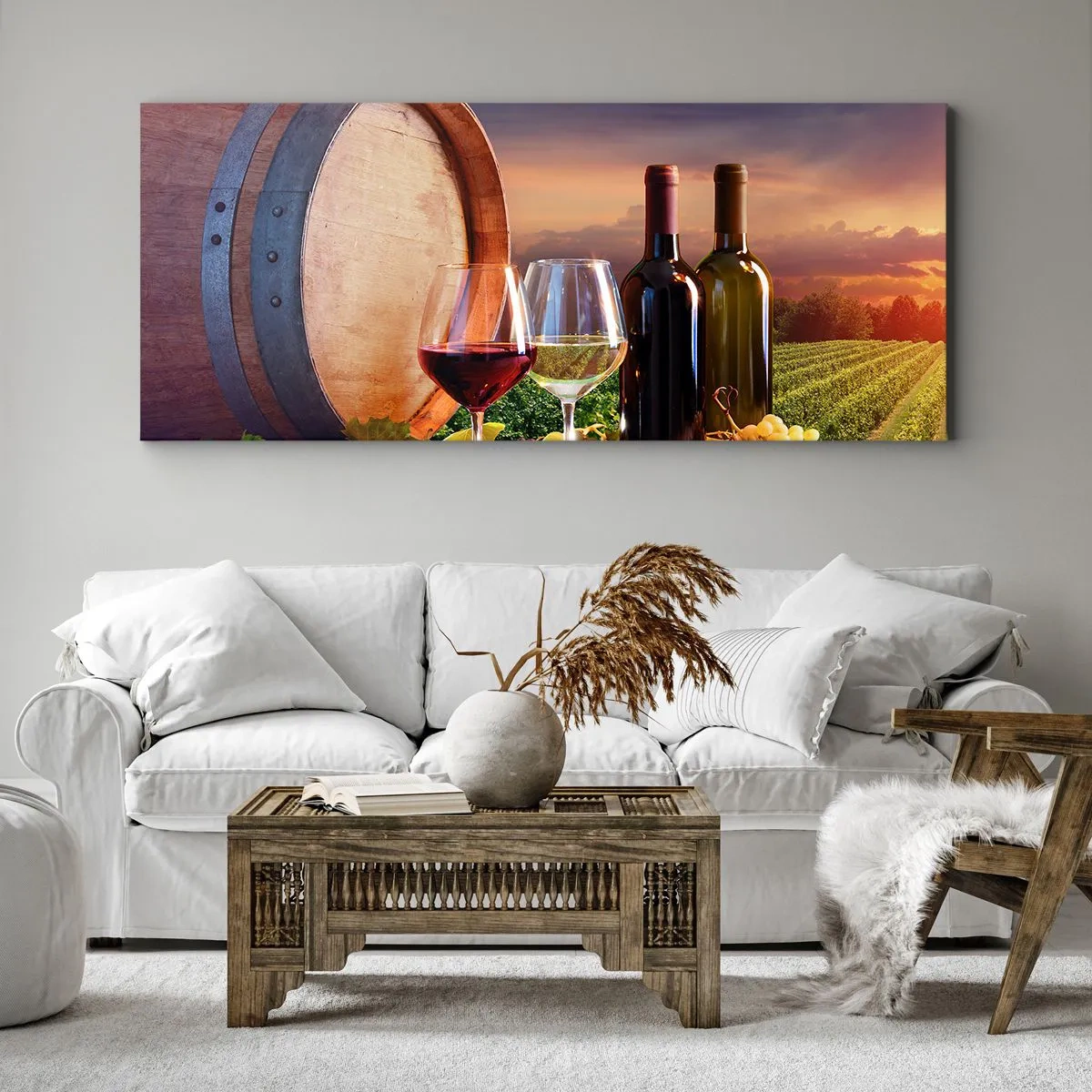 Bild auf Leinwand - Leinwandbild - Wein, Gläser und ein Fass in einer malerischen Landschaft - 120x50cm - Hier schmeckt das Leben - Moderne Wanddekoration für Wohnzimmer und Schlafzimmer ARTTOR