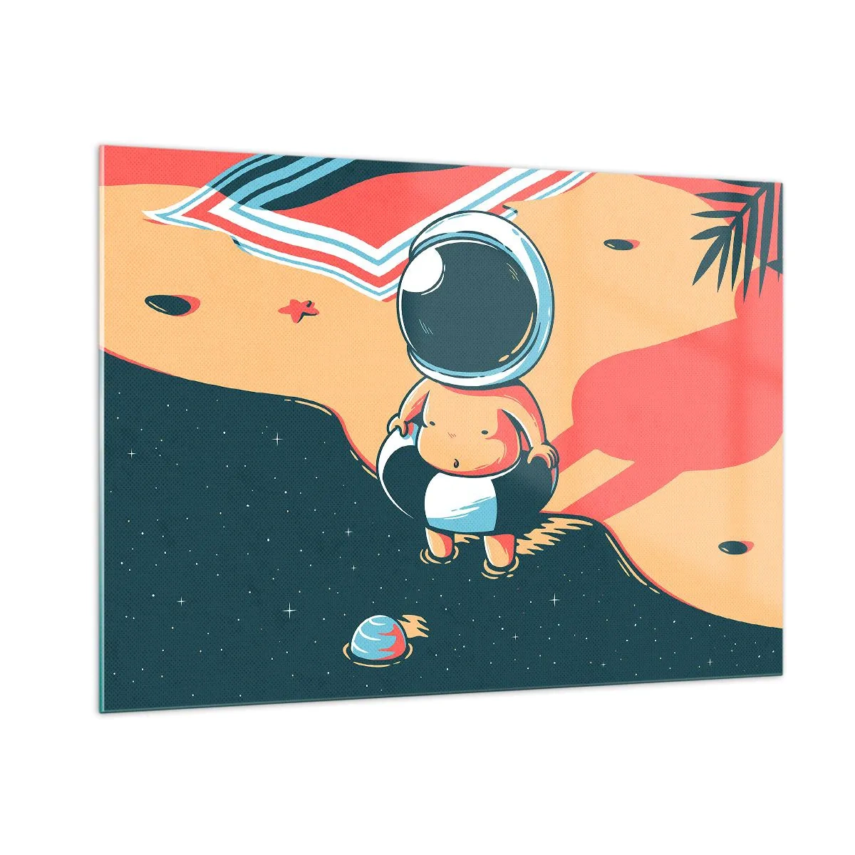 Glasbild - Bild auf glas - Astronautenfigur an einem Strand mit kosmischer Landschaft - 100x70cm - Aus einer anderen Perspektive - Moderne Wanddekoration für Wohnzimmer und Schlafzimmer ARTTOR