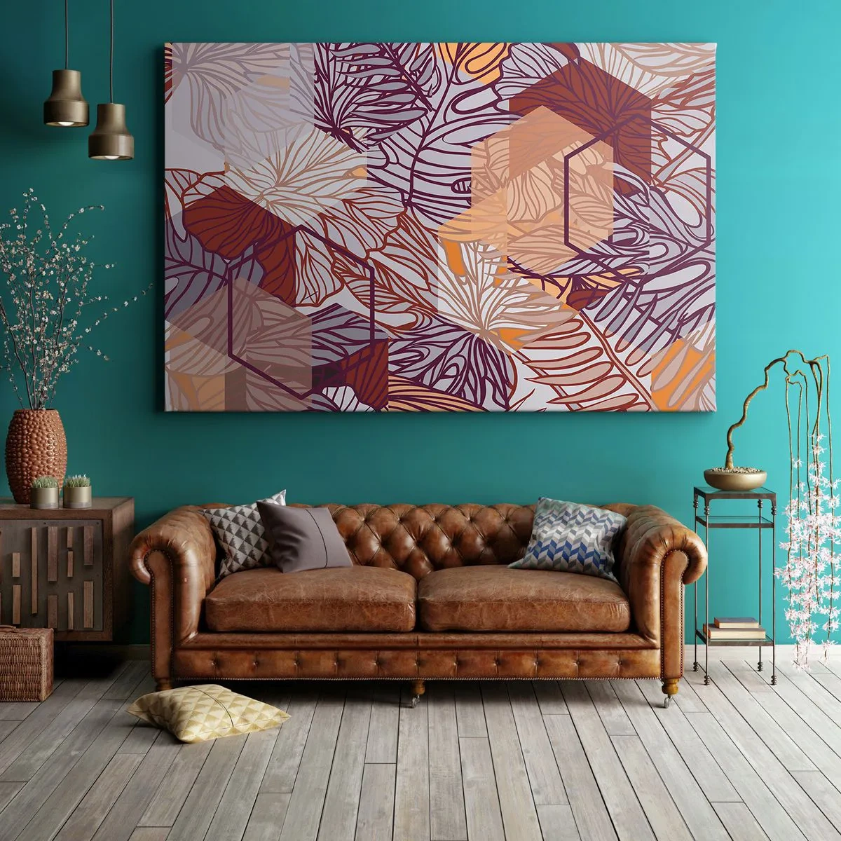 Bild auf Leinwand - Leinwandbild - Ein dekoratives tropisches Blattmuster in Lila-, Orange- und Beigetönen. - 120x80cm - Unmögliche Beziehung zwischen Geometrie und Natur - Moderne Wanddekoration für Wohnzimmer und Schlafzimmer ARTTOR