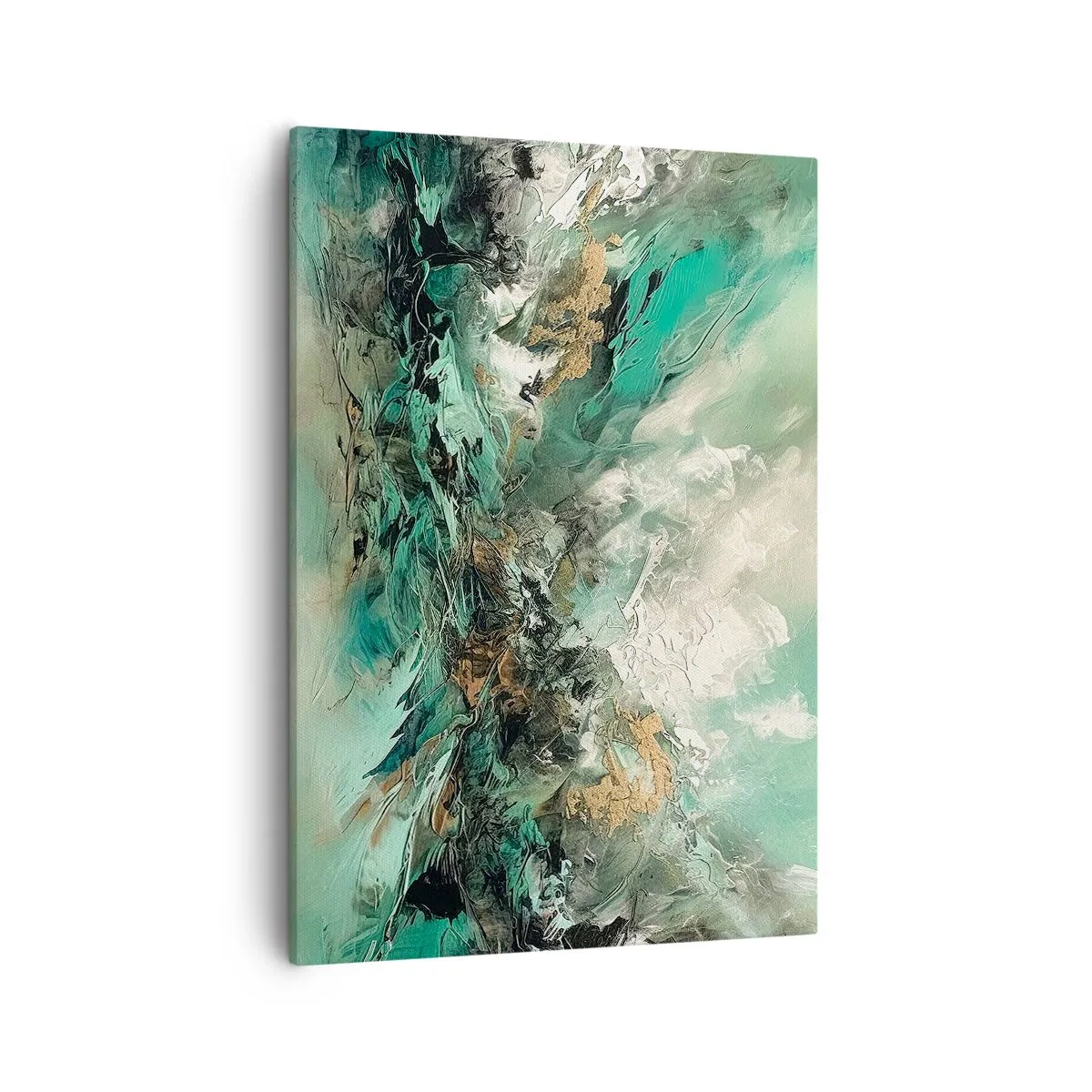 Bild auf Leinwand - Leinwandbild - Abstrakte Landschaft in Grün- und Goldtönen - 50x70cm - Smaragdgrüne und schwarze Brandung - Moderne Wanddekoration für Wohnzimmer und Schlafzimmer ARTTOR