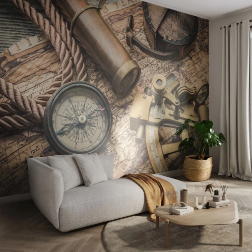 Selbstklebende Fototapete Deluxe Sticker - Setze Sie einen Kurs - Nautisch, Weltkarte, Kompass - 450x315 cm