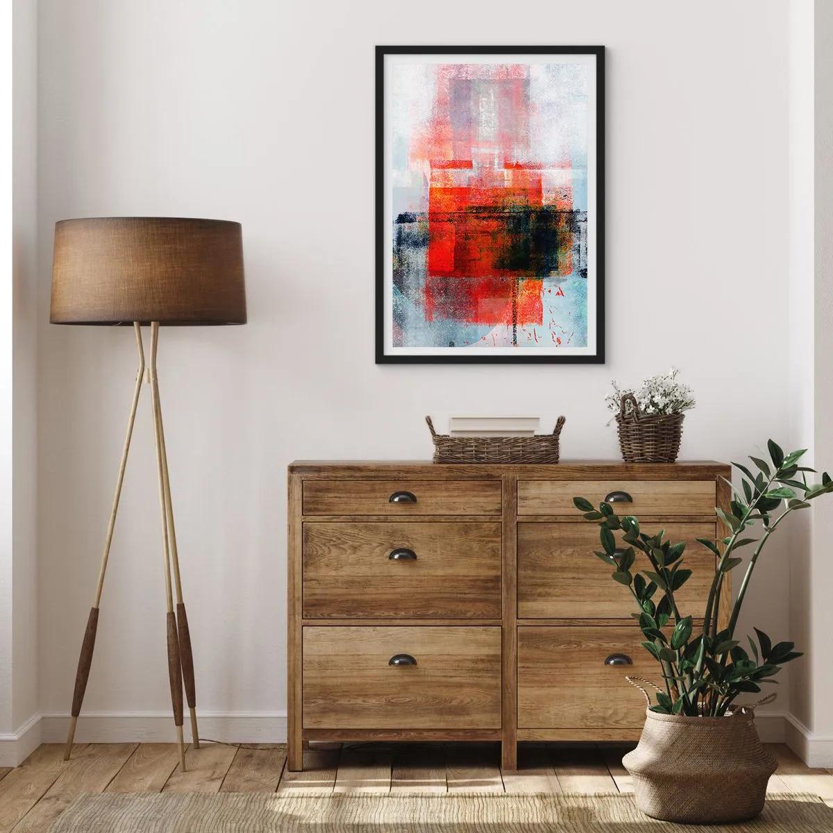 Poster in einem schwarzem Rahmen - Geometrische Abstraktion in intensiven Rottönen - 50x70cm - Komposition leuchtet - Moderne Wanddekoration für Wohnzimmer und Schlafzimmer ARTTOR