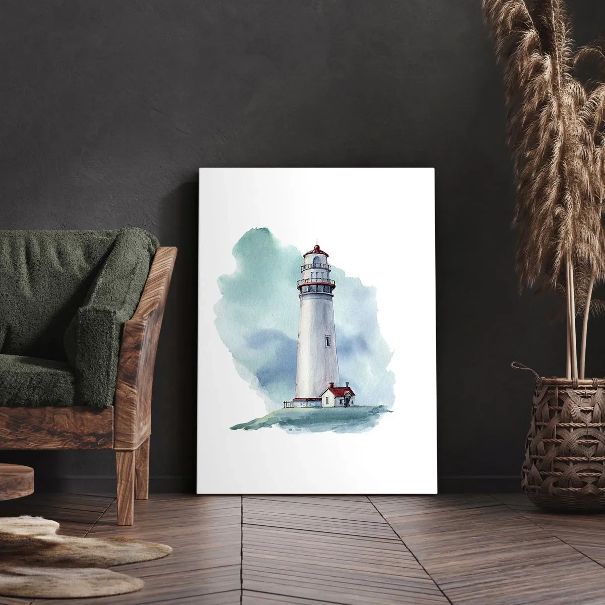 Bild auf Leinwand - Leinwandbild - Ein Leuchtturm vor einem aquarellblauen Hintergrund - 70x100cm - Sanfte Schwester vom Blau - Moderne Wanddekoration für Wohnzimmer und Schlafzimmer ARTTOR