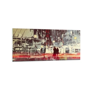 Glasbild - Bild auf glas - Stadt bei Nacht mit Neonlichtern und Silhouetten von Menschen auf der Straße - 120x50cm - Eine große Stadtüberquerung - Moderne Wanddekoration für Wohnzimmer und Schlafzimmer ARTTOR