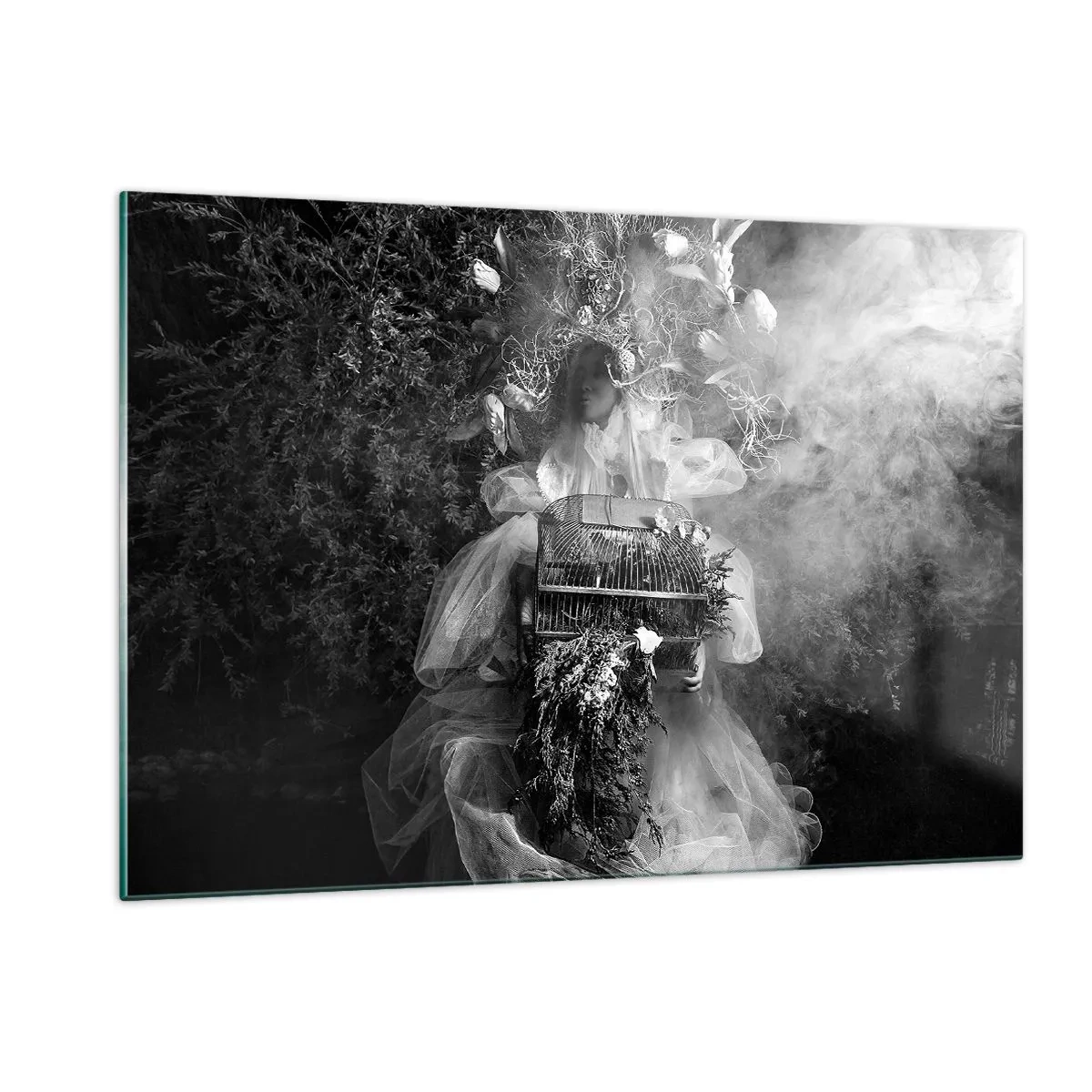 Glasbild - Bild auf glas - Frau im Tüll-Käfigkleid und Pflanzenkrone in Schwarz-Weiß - 120x80cm - Mutter selbst - Natur - Moderne Wanddekoration für Wohnzimmer und Schlafzimmer ARTTOR