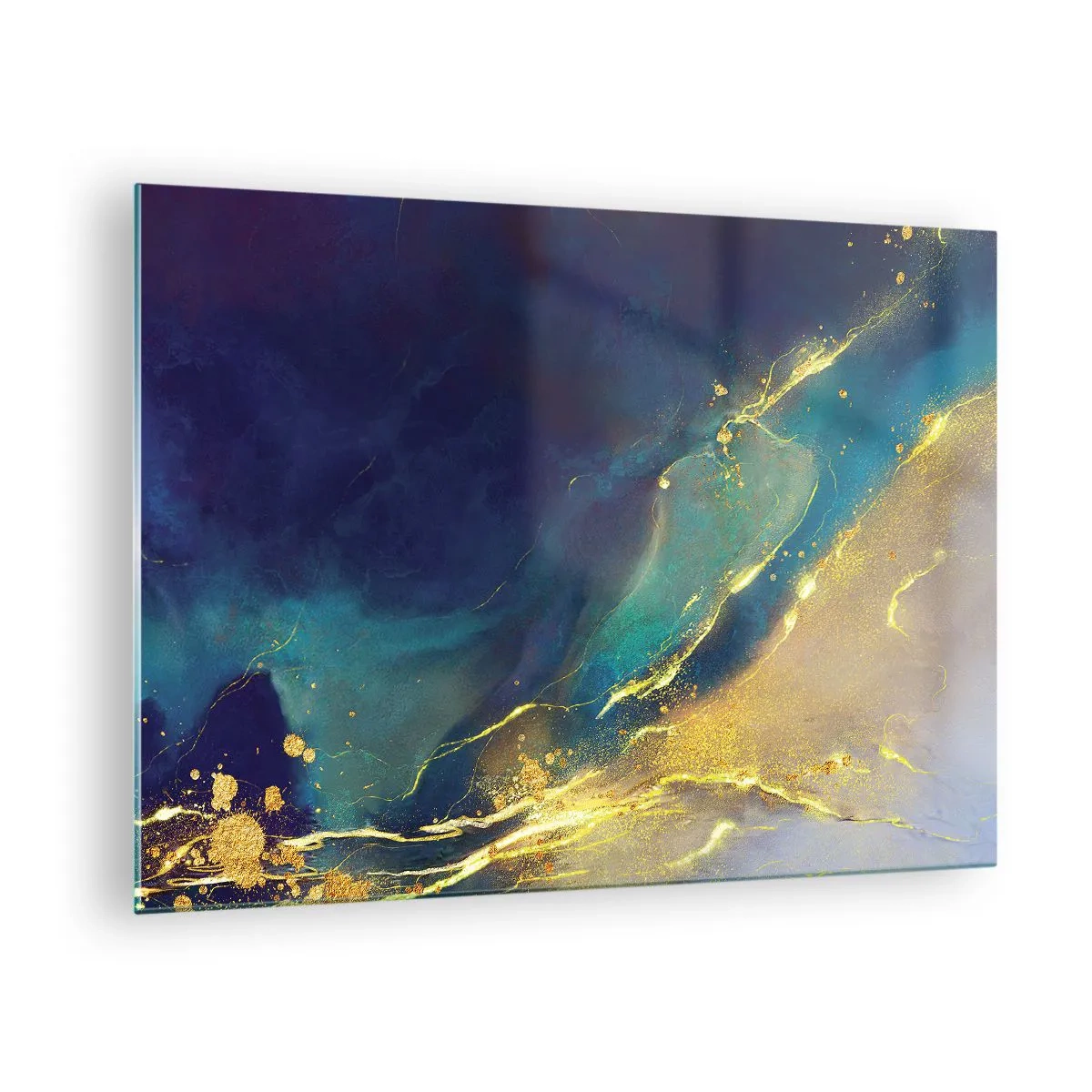 Glasbild - Bild auf glas - Eine abstrakte Komposition in den Farbtönen Marineblau, Türkis und Gold - 70x50cm - Der goldene Teich - Moderne Wanddekoration für Wohnzimmer und Schlafzimmer ARTTOR