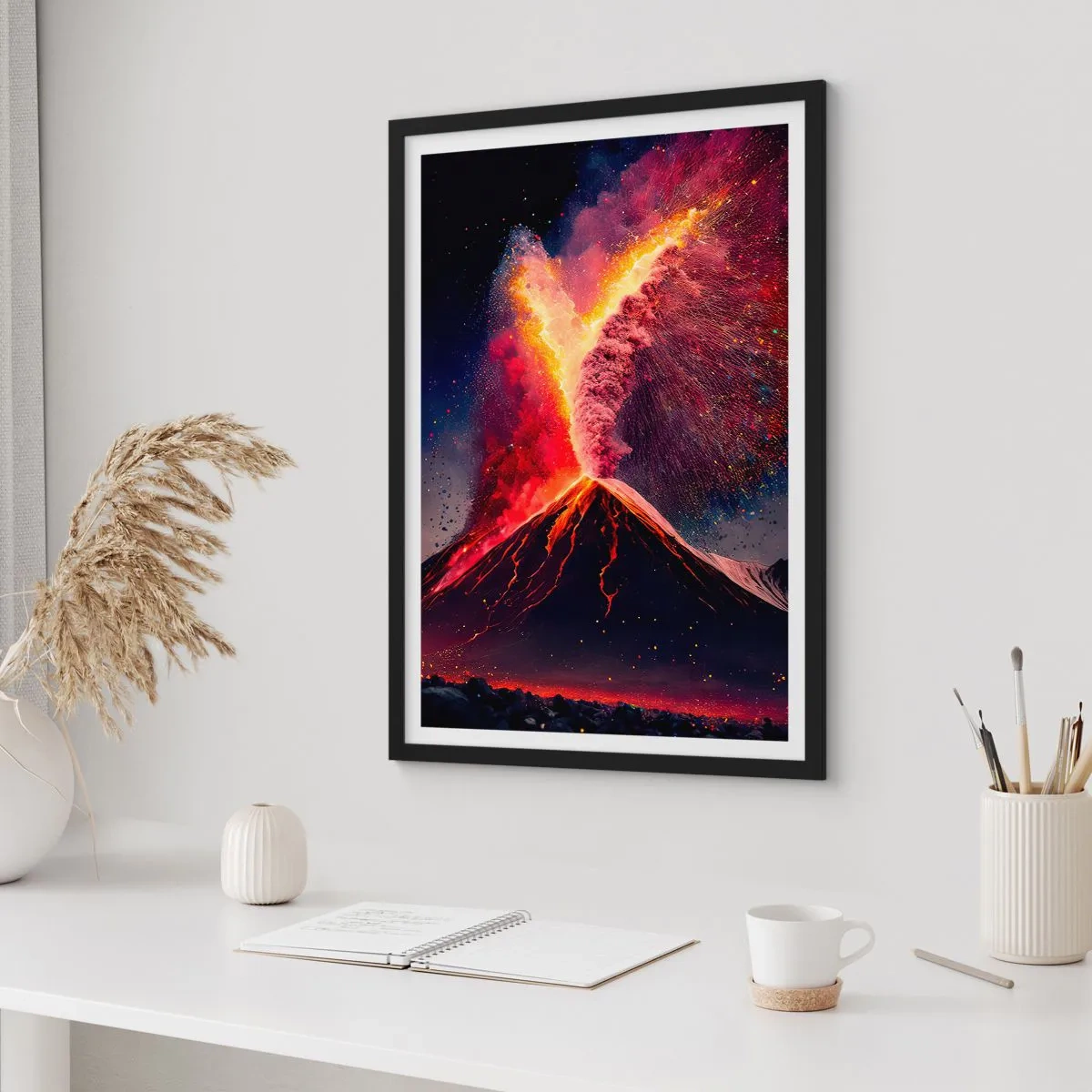 Poster in einem schwarzem Rahmen - Ein ausbrechender Vulkan in einer Nachtlandschaft - 50x70cm - Schönheit und Horror - Moderne Wanddekoration für Wohnzimmer und Schlafzimmer ARTTOR