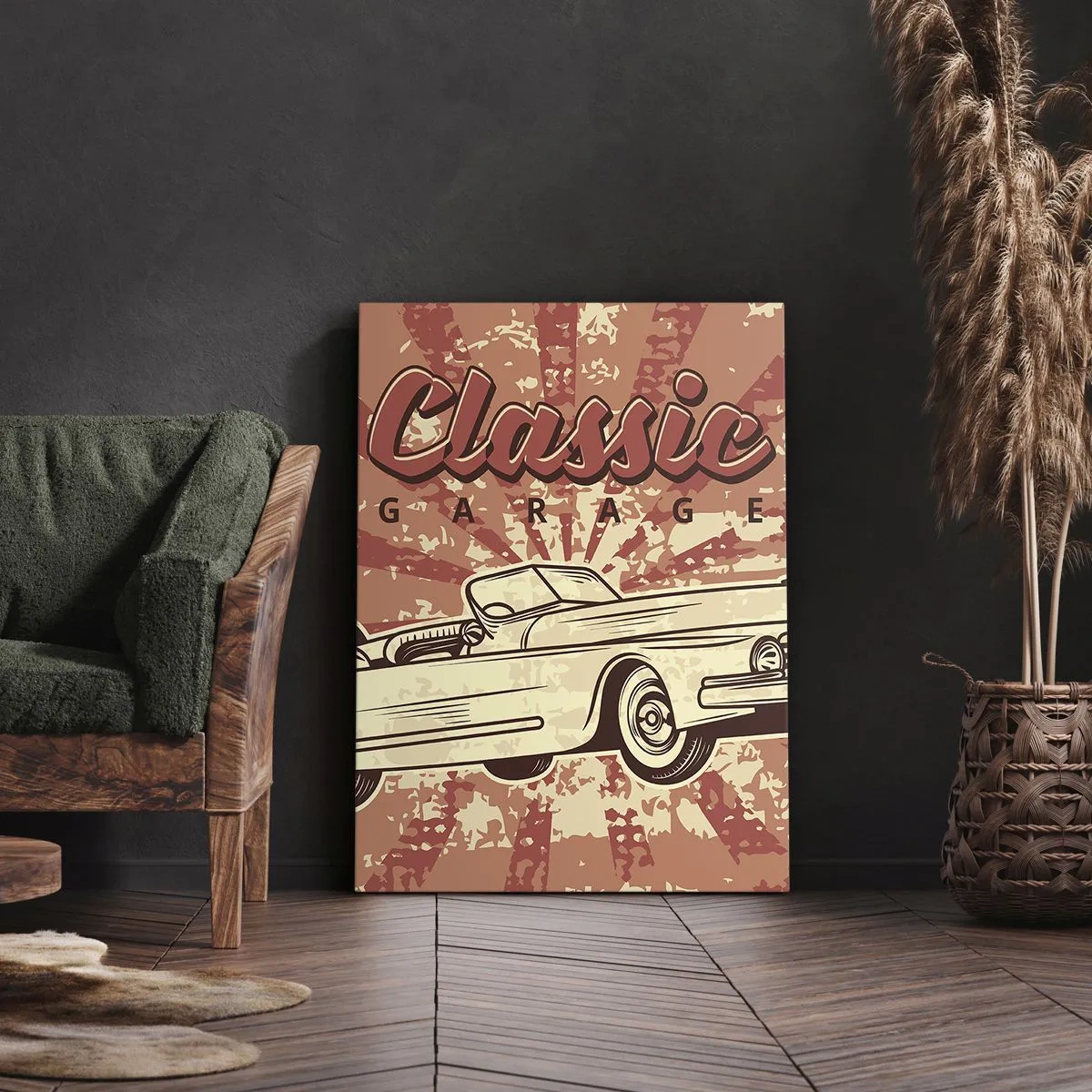 Bild auf Leinwand - Leinwandbild - Retro-Poster mit einem Oldtimer und der Aufschrift „Classic Garage“ - 80x120cm - Und im Radio, Elvis - Moderne Wanddekoration für Wohnzimmer und Schlafzimmer ARTTOR