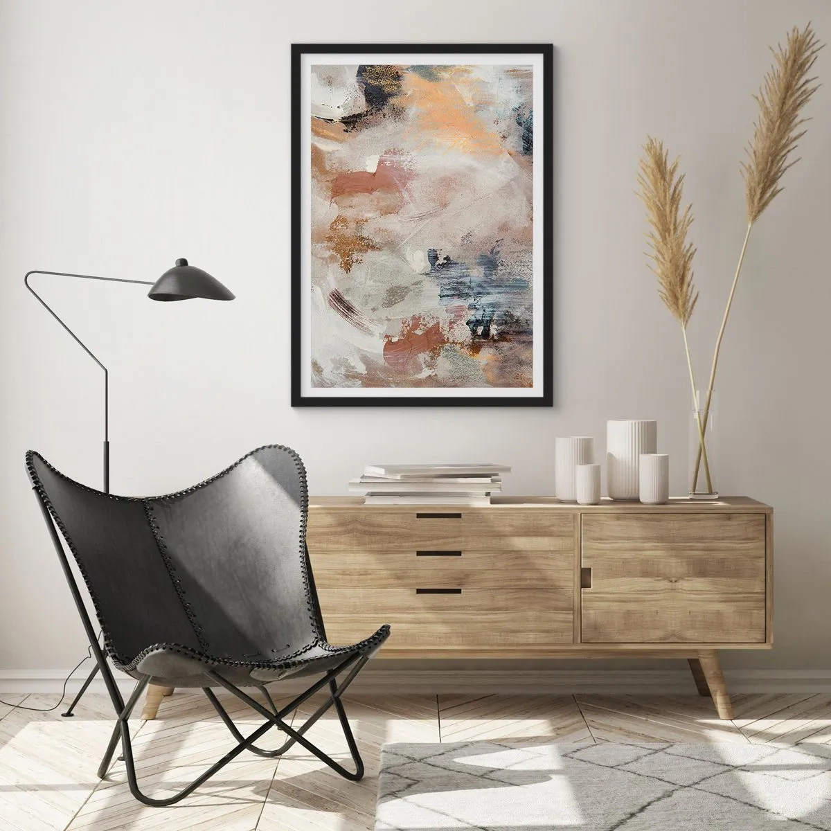 Poster in einem schwarzem Rahmen - Eine abstrakte Komposition in warmen, erdigen Farben. - 50x70cm - Neblige Abstraktion - Moderne Wanddekoration für Wohnzimmer und Schlafzimmer ARTTOR