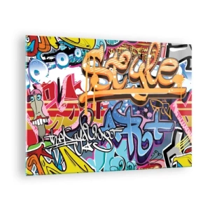 Glasbild - Bild auf glas - Bunte Graffiti mit dynamischen Inschriften und Zeichnungen - 70x50cm - Wandbilder, Wandbilder, Wandbilder ... - Moderne Wanddekoration für Wohnzimmer und Schlafzimmer ARTTOR