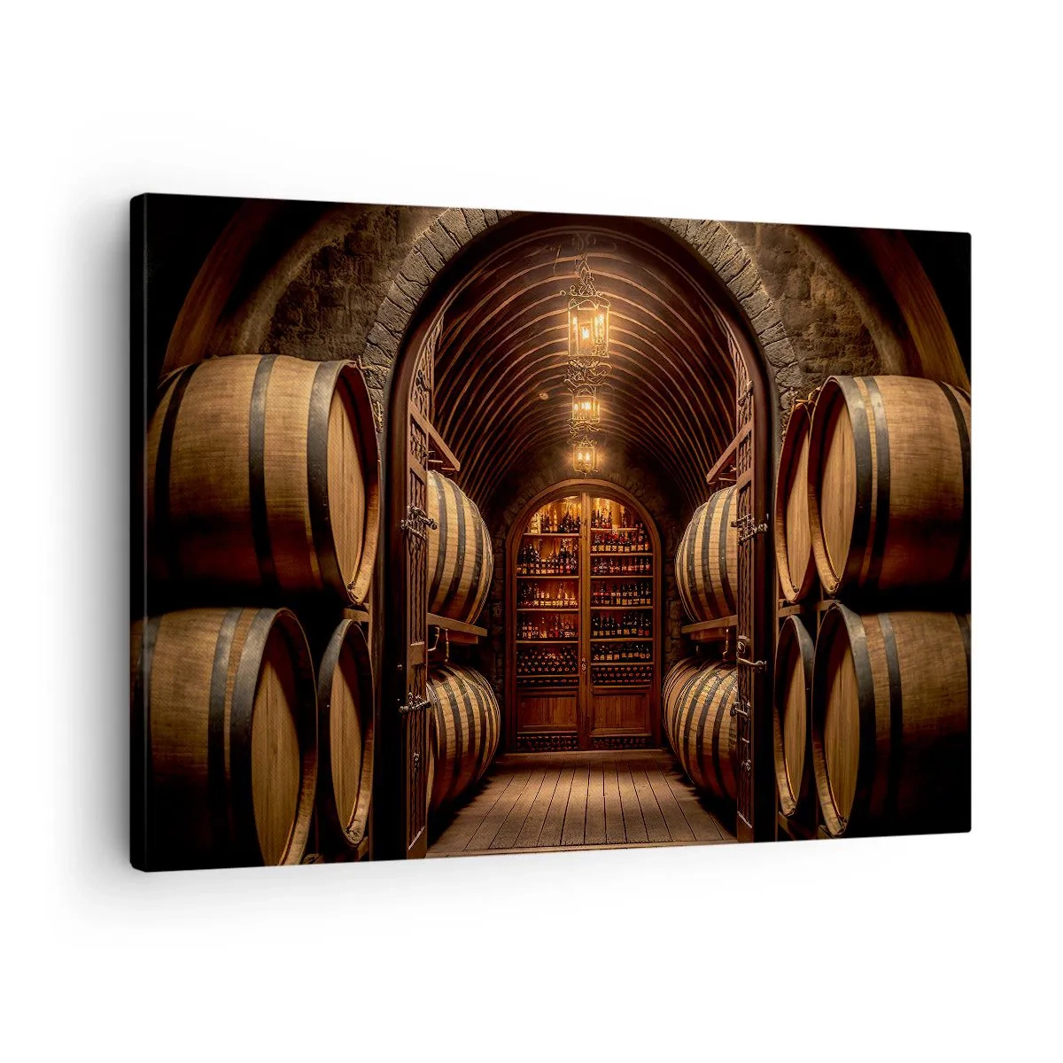 Bild auf Leinwand - Leinwandbild - Weinkeller mit Holzfässern und Weinregalen - 70x50cm - Stimmungsvoller Keller - Moderne Wanddekoration für Wohnzimmer und Schlafzimmer ARTTOR