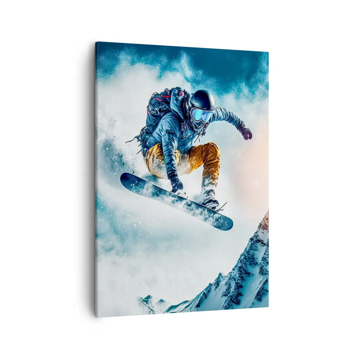 Bild auf Leinwand - Leinwandbild - Ein Snowboarder fliegt über schneebedeckte Berge - 50x70cm - Extreme Emotionen - Moderne Wanddekoration für Wohnzimmer und Schlafzimmer ARTTOR