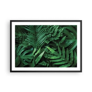 Poster in einem schwarzem Rahmen - Grüne tropische Blätter in einer dichten und natürlichen Komposition - 70x50cm - Eingebettet ins Grüne - Moderne Wanddekoration für Wohnzimmer und Schlafzimmer ARTTOR