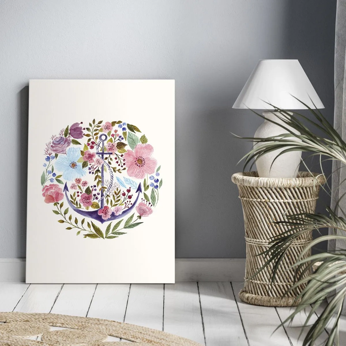 Bild auf Leinwand - Leinwandbild - Ein Anker, umgeben von Aquarellblumen auf hellem Hintergrund - 50x70cm - Guter Traum eines Seemanns - Moderne Wanddekoration für Wohnzimmer und Schlafzimmer ARTTOR