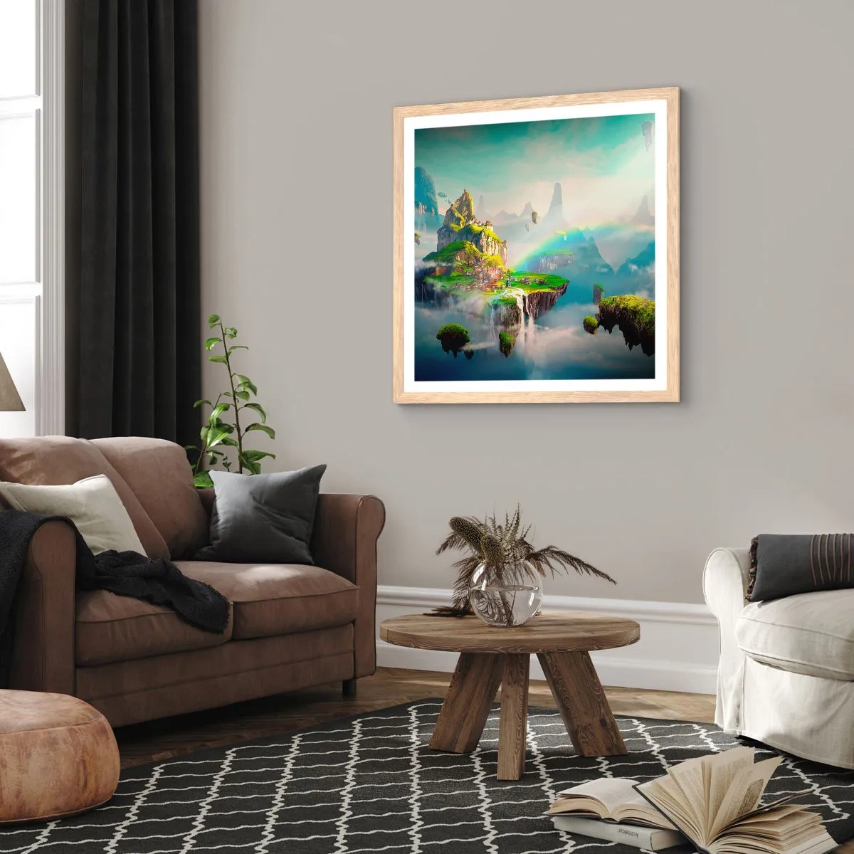 Poster in einem Rahmen aus heller Eiche - Mitten am Himmel - glückliche Inseln - 40x40 cm