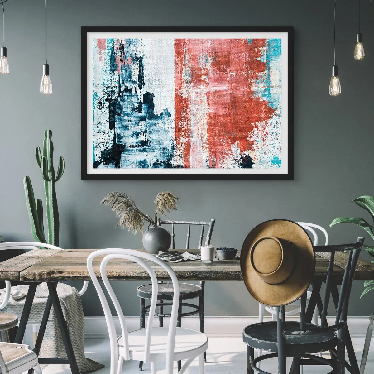 Poster in einem schwarzem Rahmen - Abstraktion in Weiß-, Blau- und Ziegelfarben - 100x70cm - Fünfzig-Fünfzig abstrakt - Moderne Wanddekoration für Wohnzimmer und Schlafzimmer ARTTOR