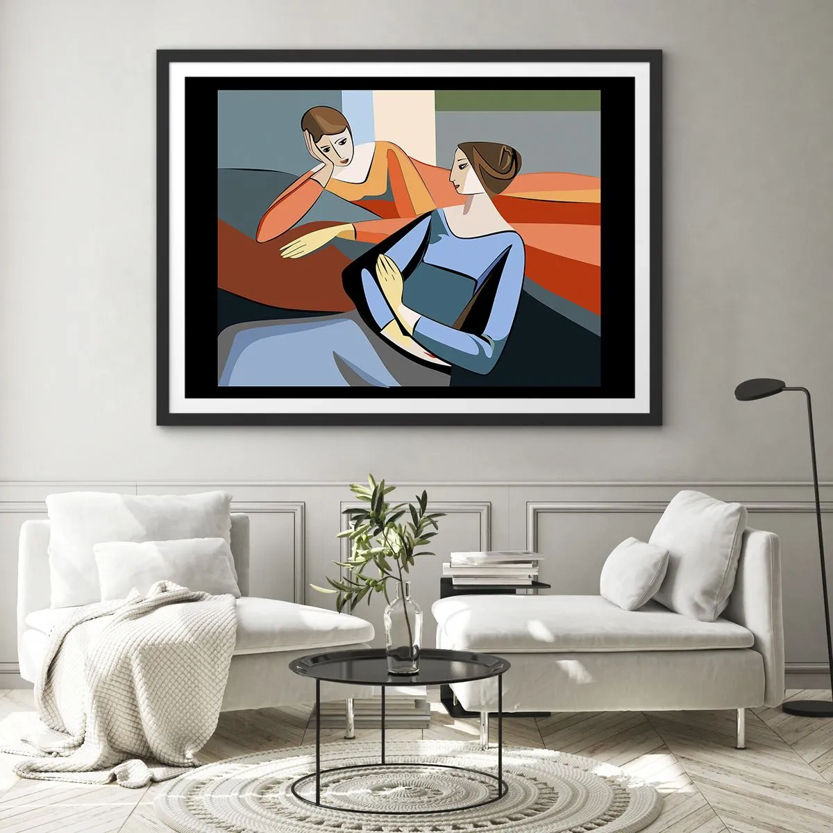 Poster in einem schwarzem Rahmen - Abstrakte Darstellung zweier Frauen im kubistischen Stil - 70x50cm - Moment der Zuversicht - Moderne Wanddekoration für Wohnzimmer und Schlafzimmer ARTTOR