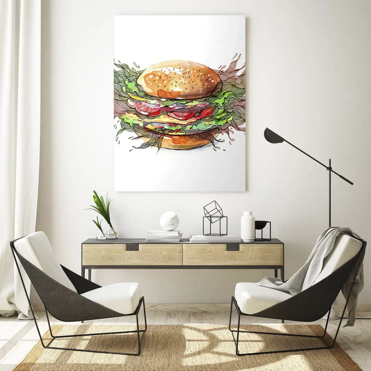 Glasbild - Bild auf glas - Künstlerische Darstellung eines Burgers mit dynamischen Elementen - 70x100cm - Heiße Versuchung - Moderne Wanddekoration für Wohnzimmer und Schlafzimmer ARTTOR