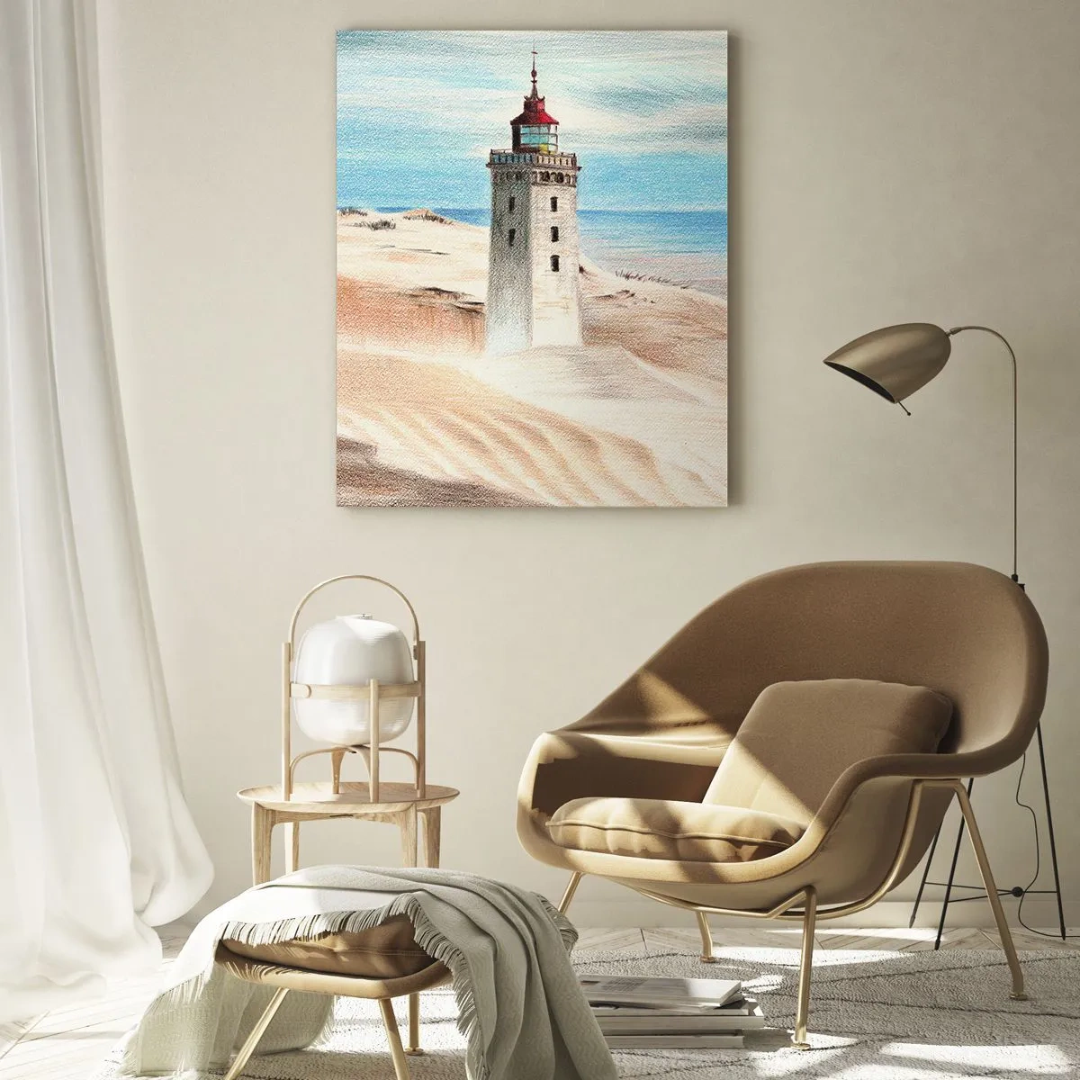 Glasbild - Bild auf glas - Ein Leuchtturm, umgeben von Sanddünen und blauem Himmel - 70x100cm - Immer aufs Meer starrend - Moderne Wanddekoration für Wohnzimmer und Schlafzimmer ARTTOR