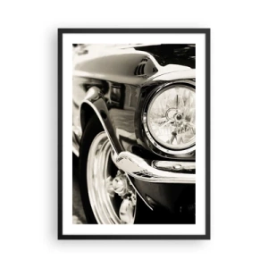 Poster in einem schwarzem Rahmen - Eine Schwarzweiß-Nahaufnahme des Scheinwerfers eines Oldtimers. - 50x70cm - Dauerhafter Glanz - Moderne Wanddekoration für Wohnzimmer und Schlafzimmer ARTTOR