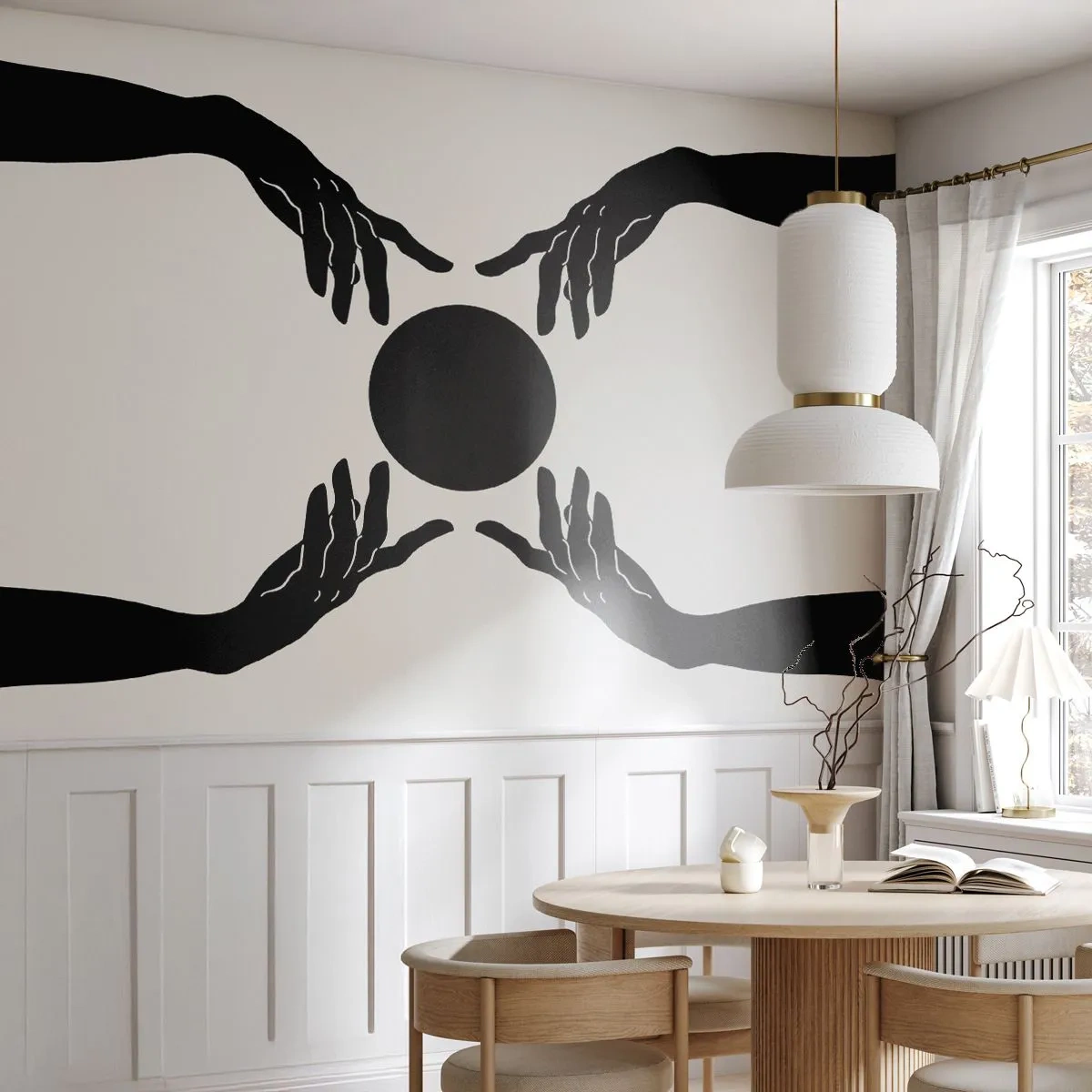 Fototapete Premium Sand - Schwarze Zeiger und eine Kugel in geometrischer Symmetrie auf hellem Hintergrund - 100x70cm - Geheimes Zeichen - Moderne Wanddekoration für Wohnzimmer und Schlafzimmer ARTTOR