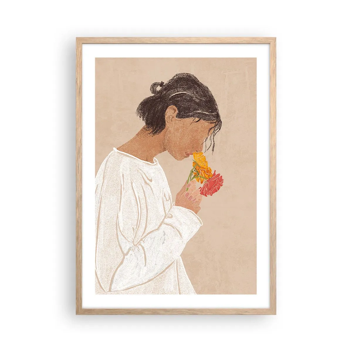 Poster in einem Rahmen aus heller Eiche - Mädchen und Blumen - 50x70 cm