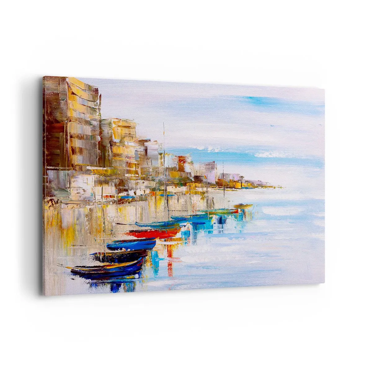 Bild auf Leinwand - Leinwandbild - Bunte Boote am Ufer mit Blick auf die Skyline der Stadt - 120x80cm - Bunte urbane Oase - Moderne Wanddekoration für Wohnzimmer und Schlafzimmer ARTTOR