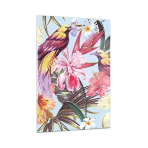 Glasbild - Bild auf glas - Exotische Vögel und Blumen auf hellem Hintergrund - 50x70cm - Blütenblätter und Federn - Moderne Wanddekoration für Wohnzimmer und Schlafzimmer ARTTOR
