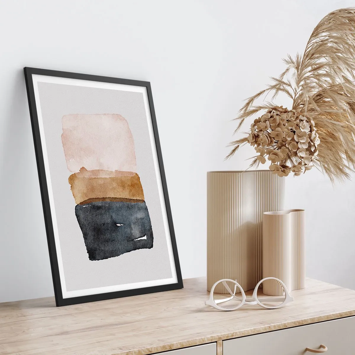 Poster in einem schwarzem Rahmen - Abstraktes Aquarell in Erdtönen - 50x70cm - Die Komposition der Farben der Erde - Moderne Wanddekoration für Wohnzimmer und Schlafzimmer ARTTOR