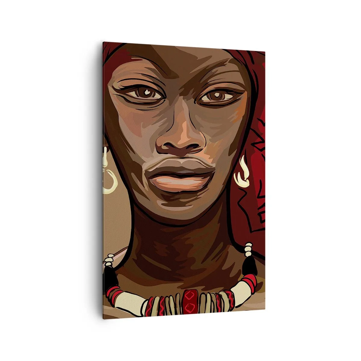 Bild auf Leinwand - Leinwandbild - Porträt einer Frau mit rotem Turban auf beigem Hintergrund - 80x120cm - Venus aus Ebenholz  - Moderne Wanddekoration für Wohnzimmer und Schlafzimmer ARTTOR