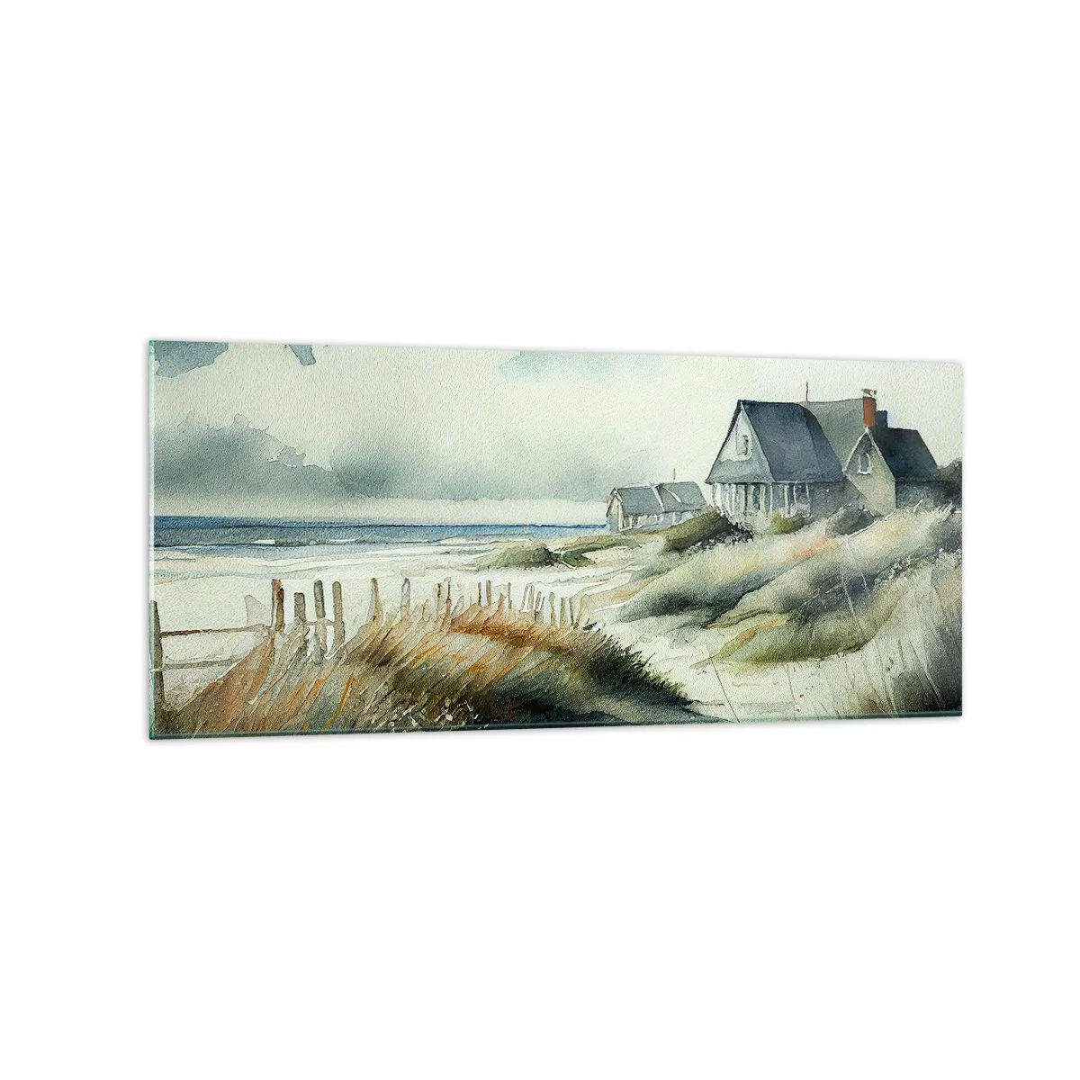 Glasbild - Bild auf glas - Ein Haus am Meer, umgeben von Gras und mit Blick auf das Meer - 120x50cm - Abseits vom Trubel - Moderne Wanddekoration für Wohnzimmer und Schlafzimmer ARTTOR