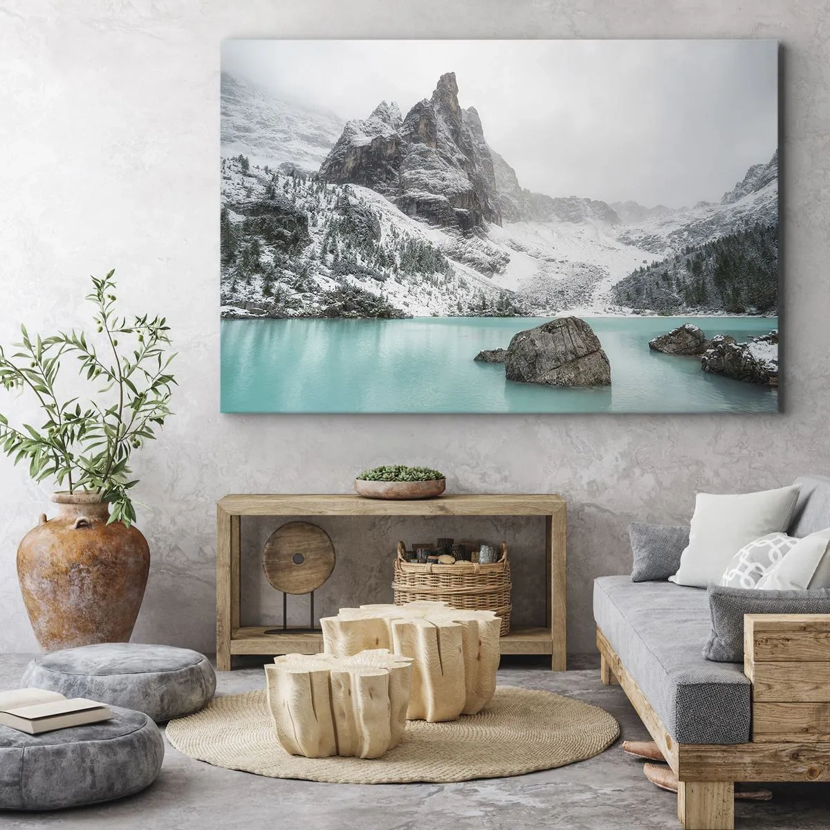 Bild auf Leinwand - Leinwandbild - Eine Berglandschaft mit einem See, umgeben von schneebedeckten Gipfeln - 100x70cm - Auf der Hut - Moderne Wanddekoration für Wohnzimmer und Schlafzimmer ARTTOR