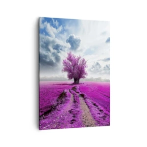 Bild auf Leinwand - Leinwandbild - Ein einsamer Baum auf einem Feld in einem intensiven Rosaton - 50x70cm - Heide - Wildnis - Moderne Wanddekoration für Wohnzimmer und Schlafzimmer ARTTOR