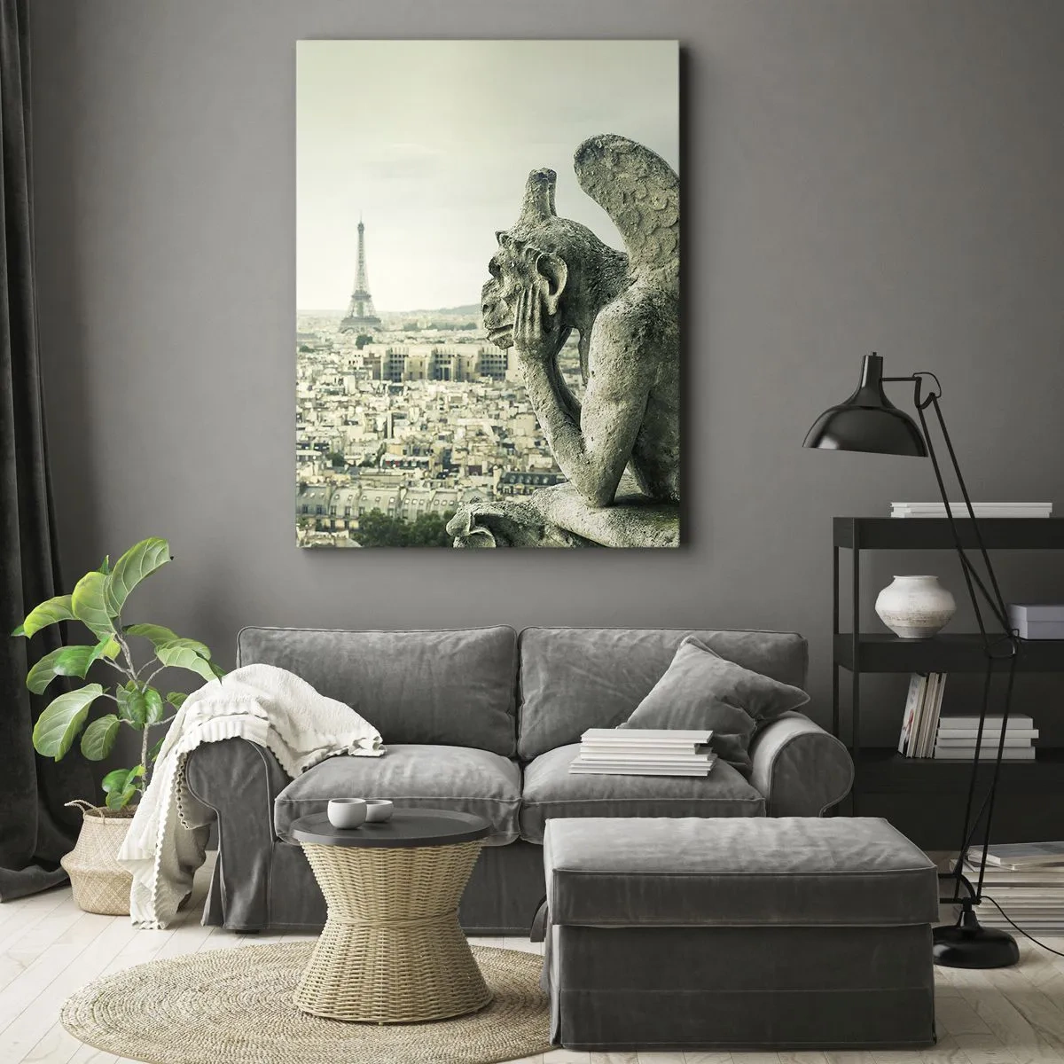 Bild auf Leinwand - Leinwandbild - Wasserspeier mit Blick auf die Skyline von Paris und den Eiffelturm - 70x100cm - Pariser Plaudern - Moderne Wanddekoration für Wohnzimmer und Schlafzimmer ARTTOR