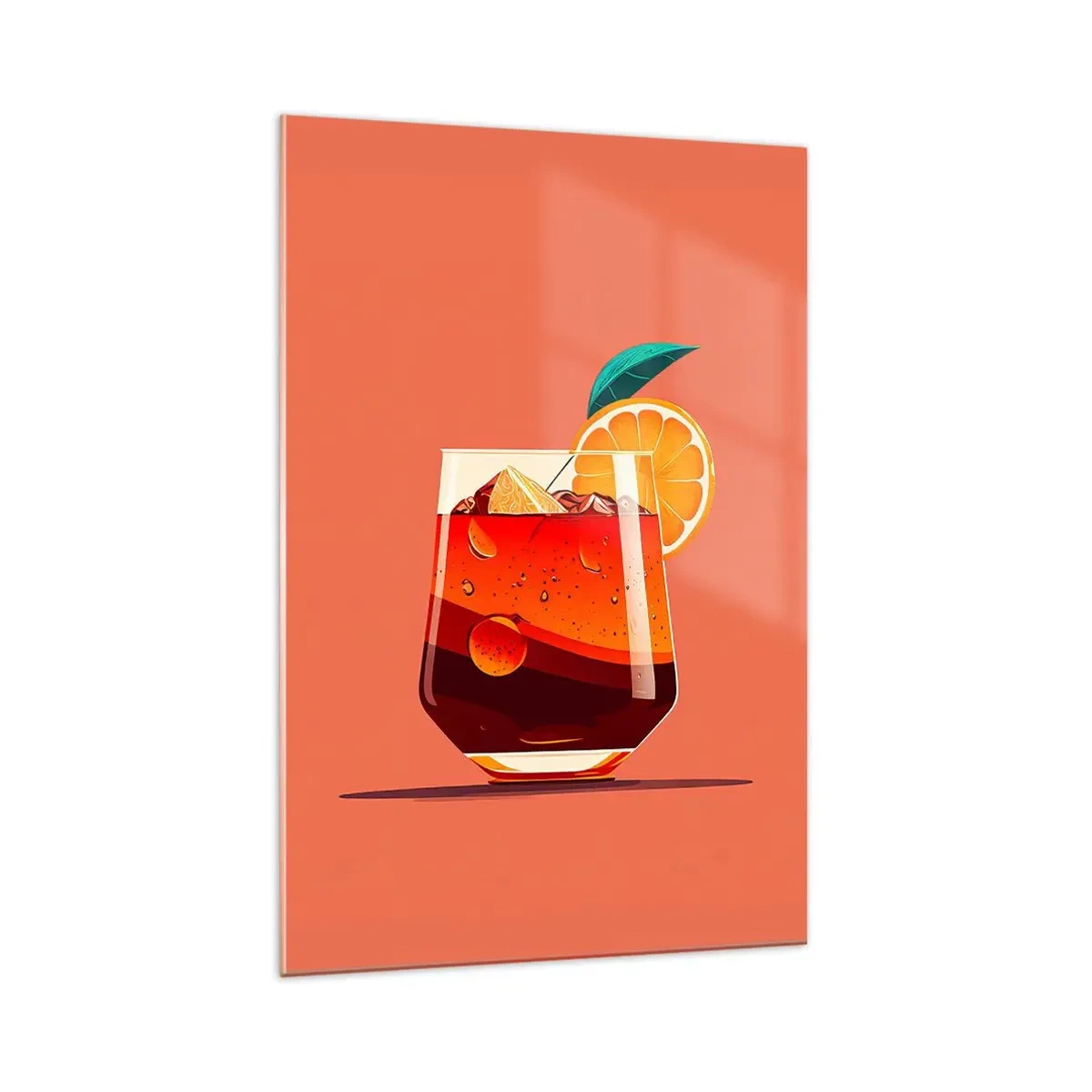 Glasbild - Bild auf glas - Ein Glas Getränk und eine Orangenscheibe auf orangefarbenem Hintergrund - 70x100cm - Sommerliche Erfrischung - Moderne Wanddekoration für Wohnzimmer und Schlafzimmer ARTTOR
